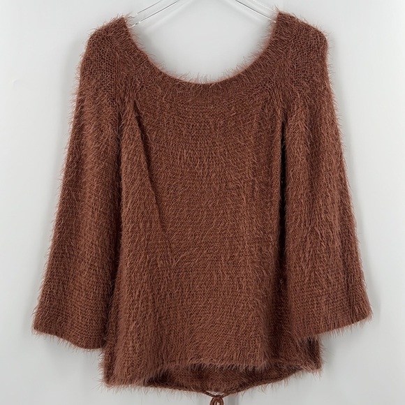 𝅺FUZZY Drawstring Kangaroo Pocket Long Knit Rust Rose Sweater Oversized  M/L - Picture 4 of 6